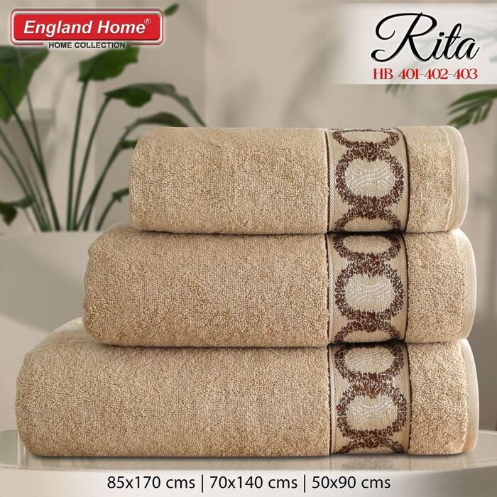 Rita brand cotton towel set folded in beige, three sizes stacked