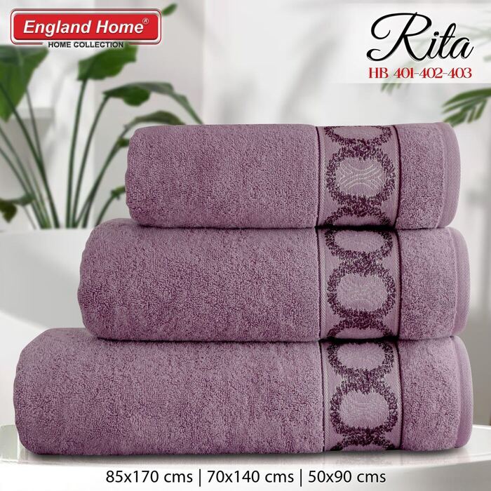 Rita collection cotton towel set in mauve, three folded sizes